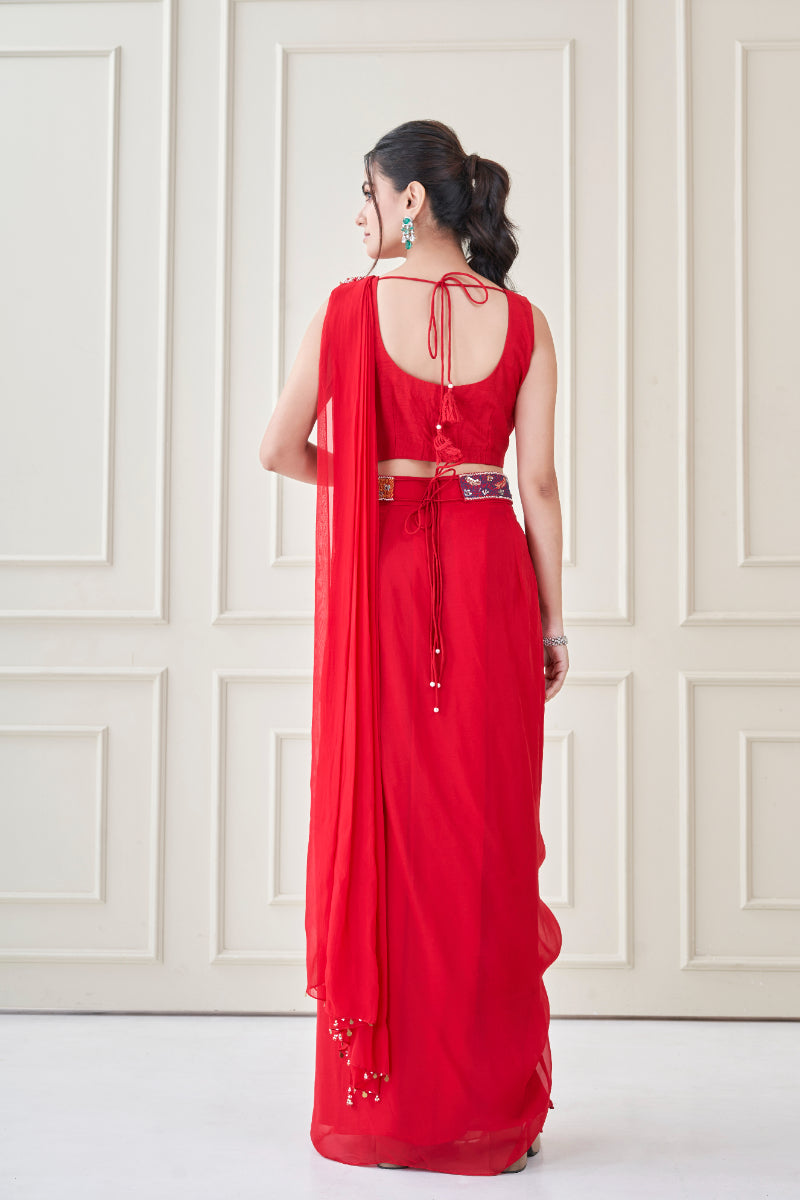 Red Heer Pre draped Saree Set