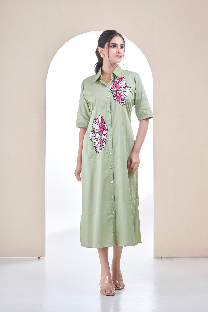 Sage Green Blossom Sketch Dress