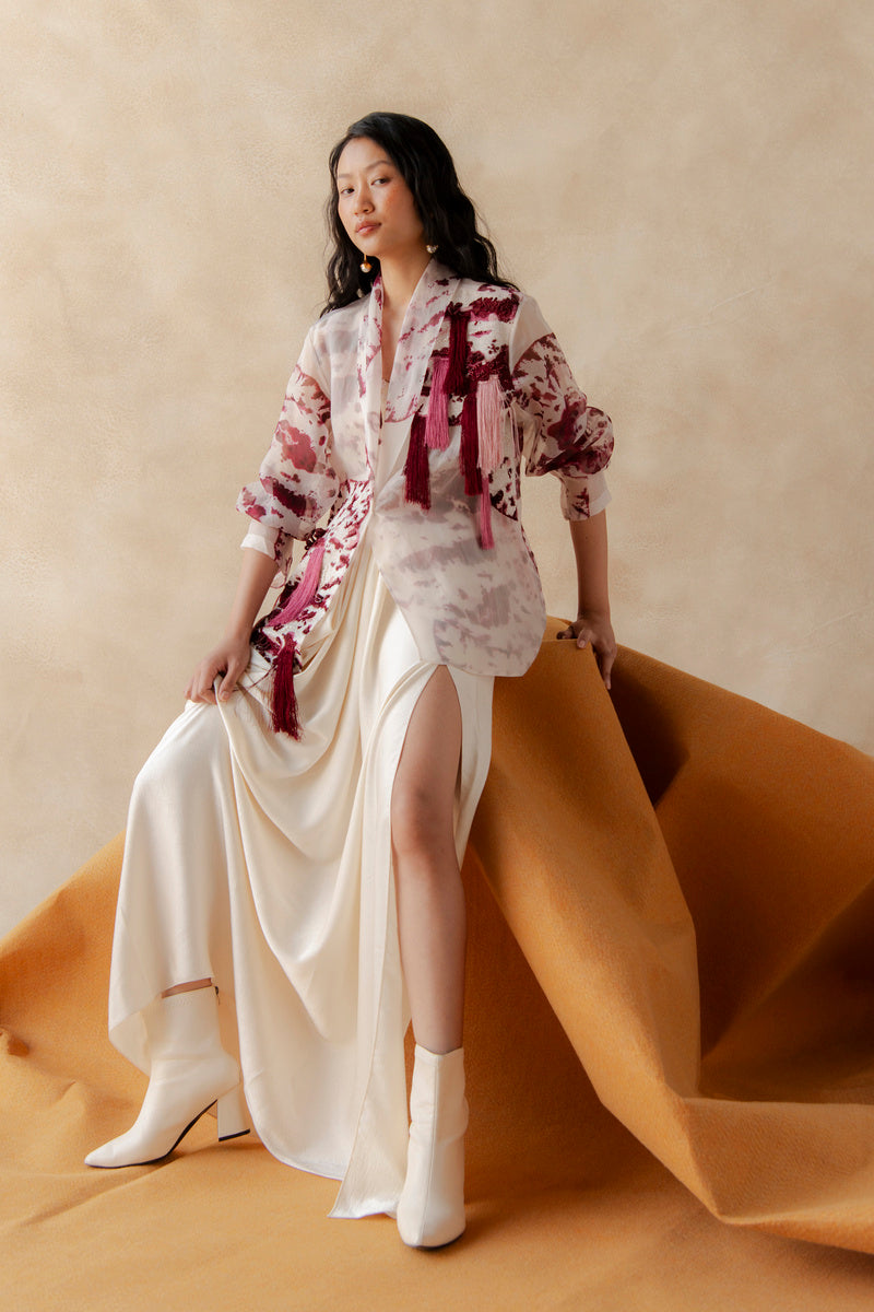Embroidered Blazer With Inner And Drape Skirt