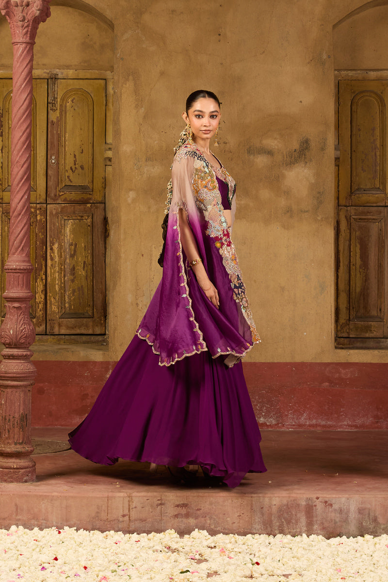Ruhani Draped Lehenga Set In Plum