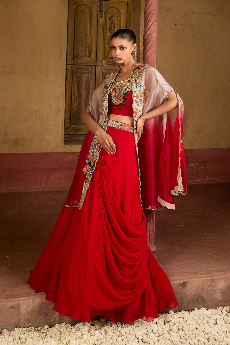 Ruhani Draped Lehenga Set In Ruby