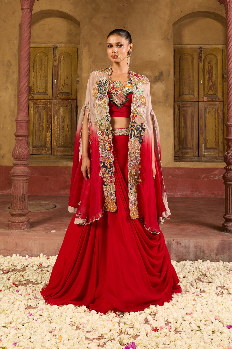 Ruhani Draped Lehenga Set In Ruby