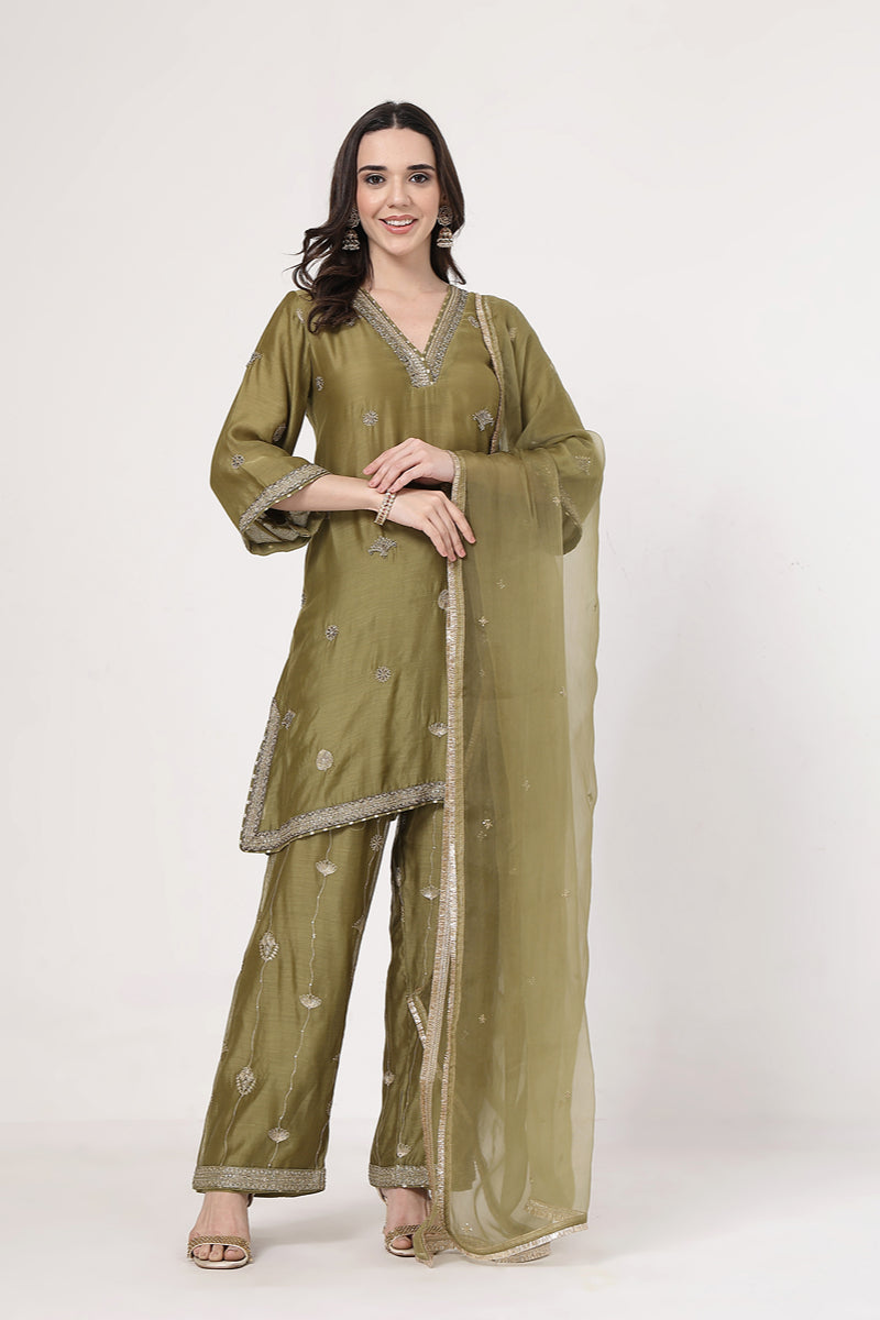 Olive Green Embroidered Suit Set