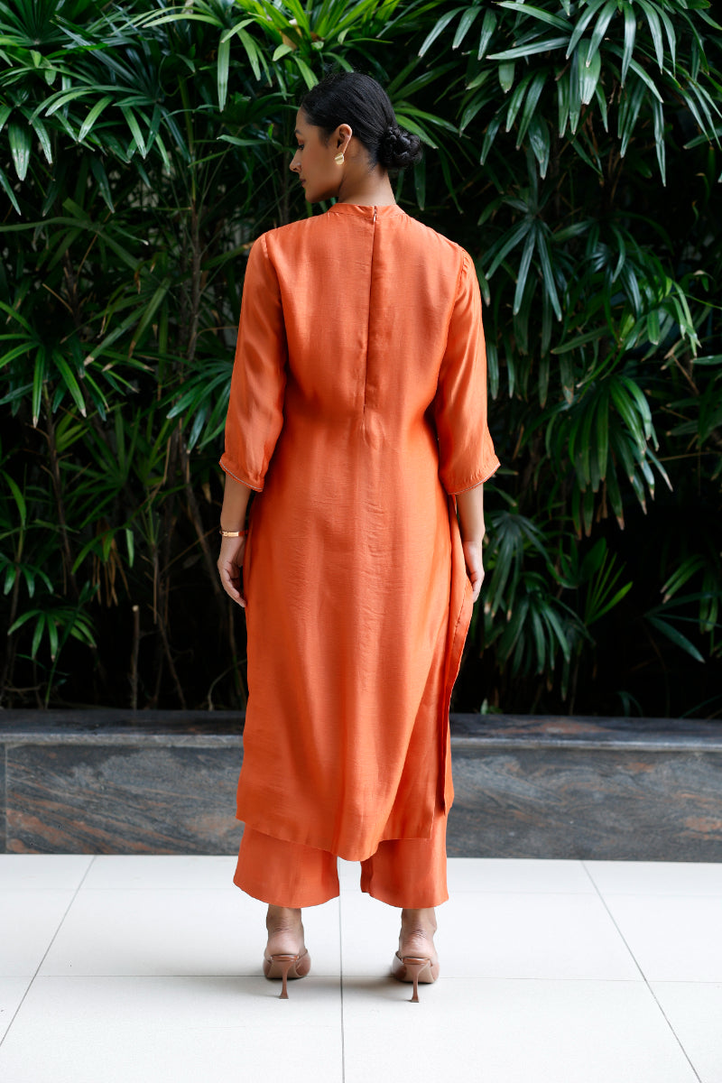 Patch Work Silk Kurta Set - Orange