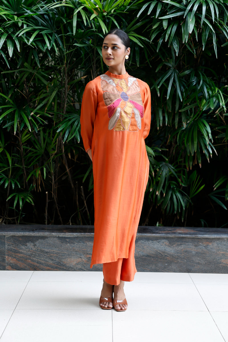 Patch Work Silk Kurta Set - Orange