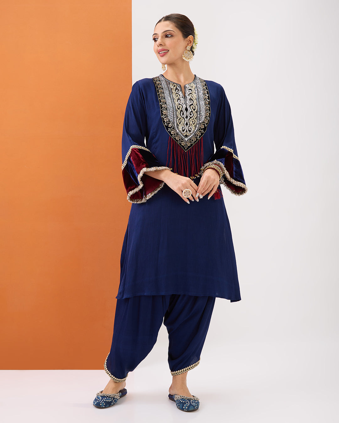 Navy Blue Embroidered Kurta with Velvet Detailing & Dhoti Pant Set