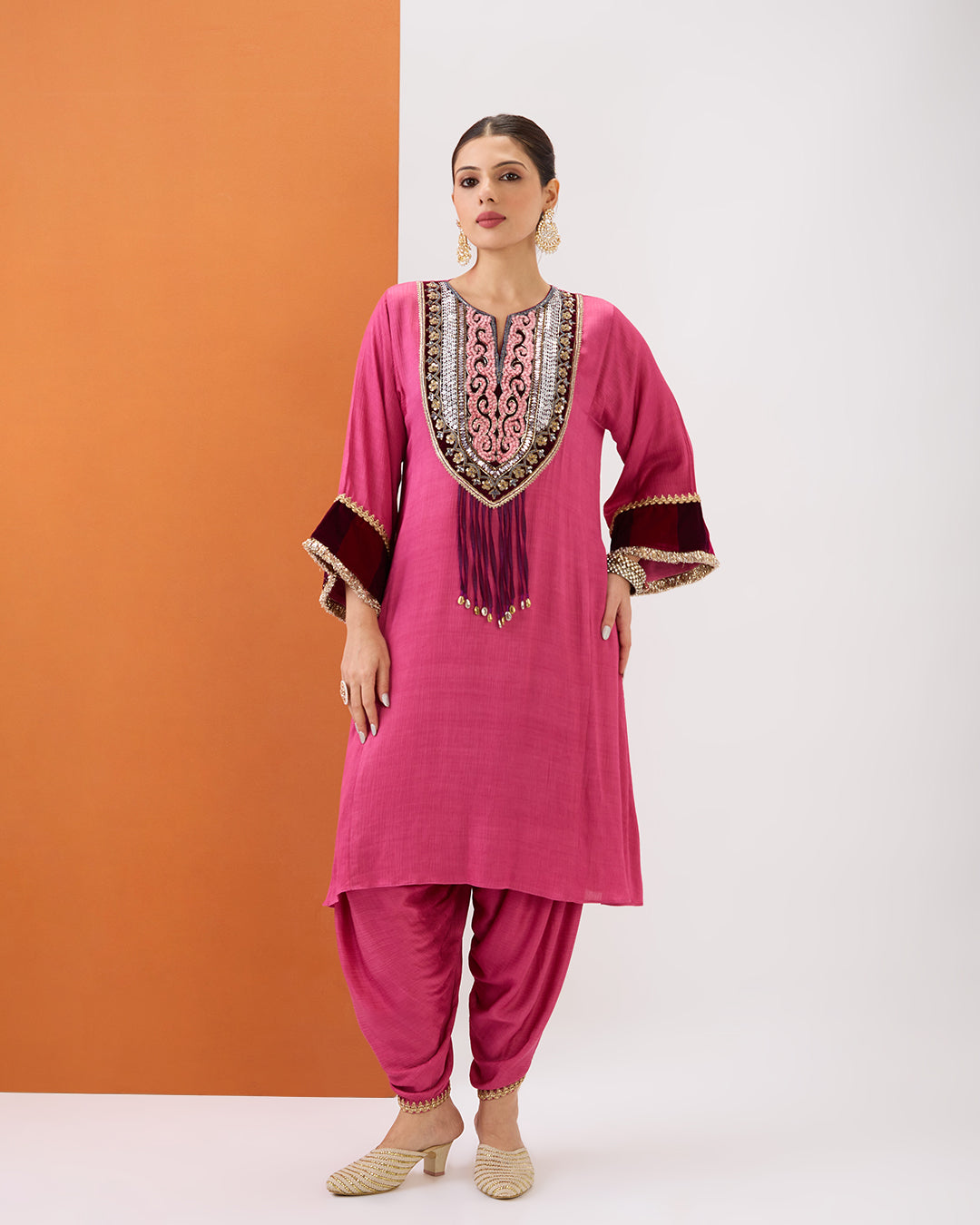 Rose Pink Embroidered Kurta with Velvet Detailing & Dhoti Pant Set
