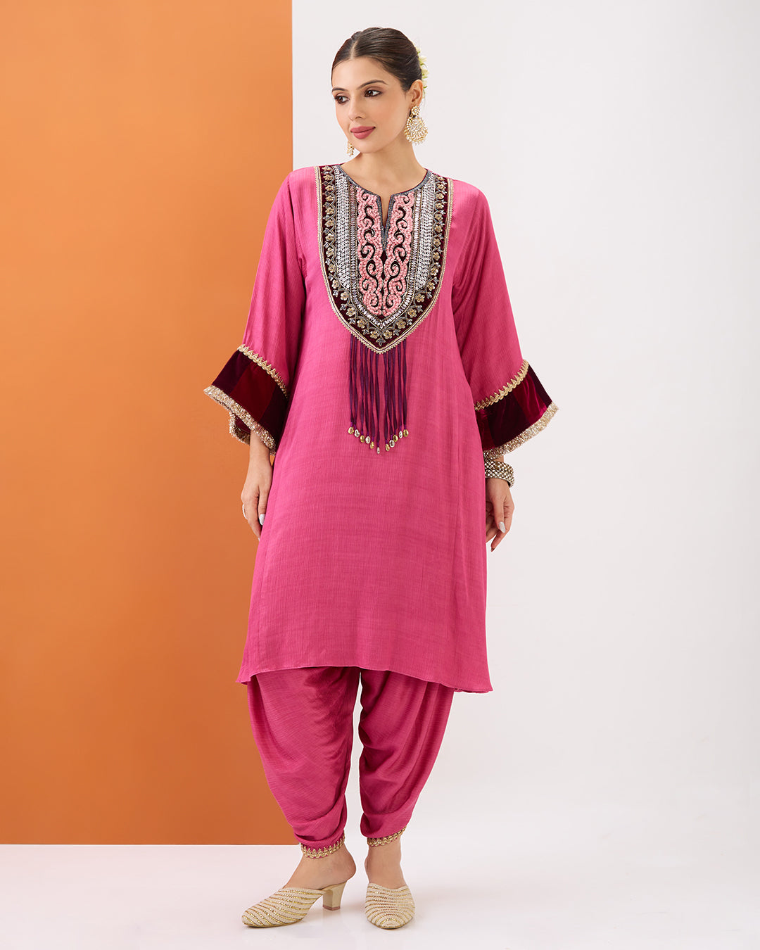Rose Pink Embroidered Kurta with Velvet Detailing & Dhoti Pant Set