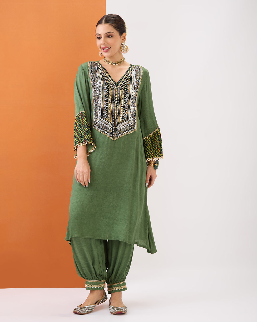 Olive Green Kurta with Ajrakh Detailing & Gathered Pant Set