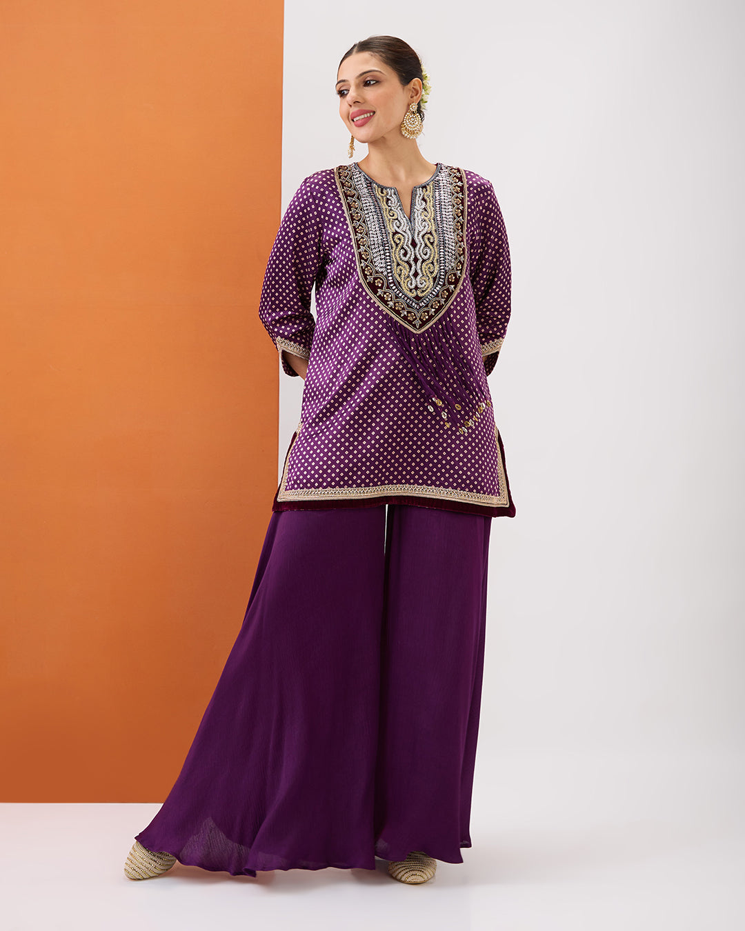 Purple Wine Bandhani Short Kurta & Sharara Set
