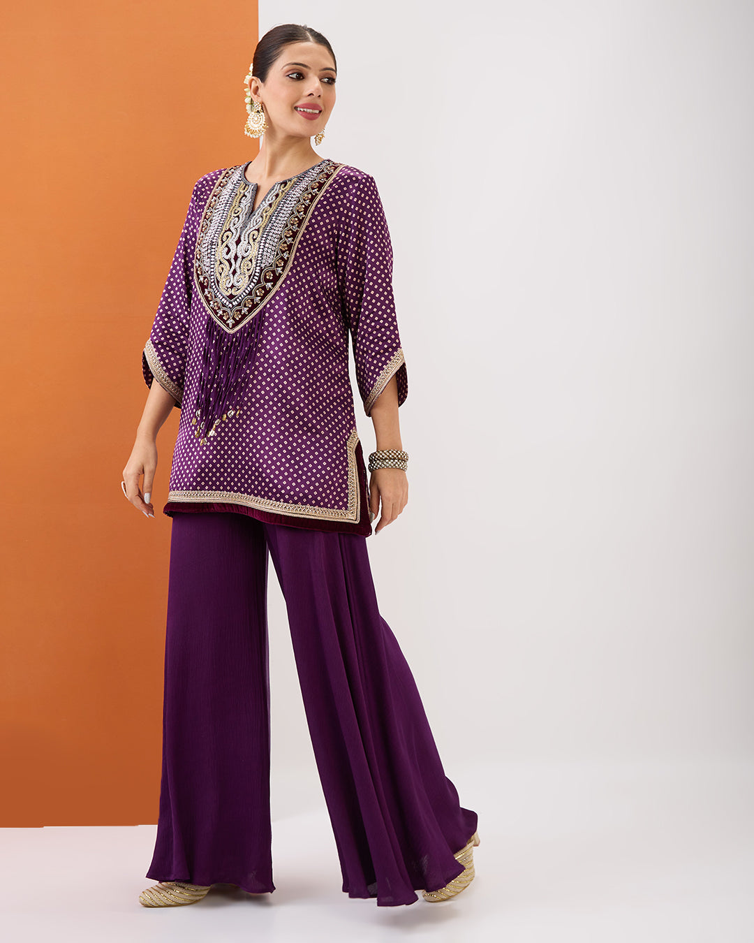 Purple Wine Bandhani Short Kurta & Sharara Set