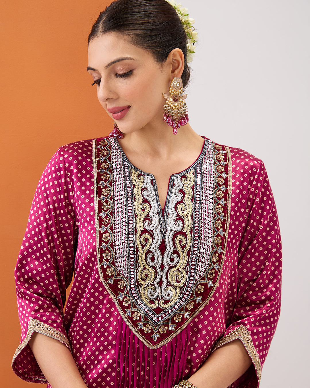 Magenta Pink Bandhani Short Kurta & Tiered Cut Sharara Set