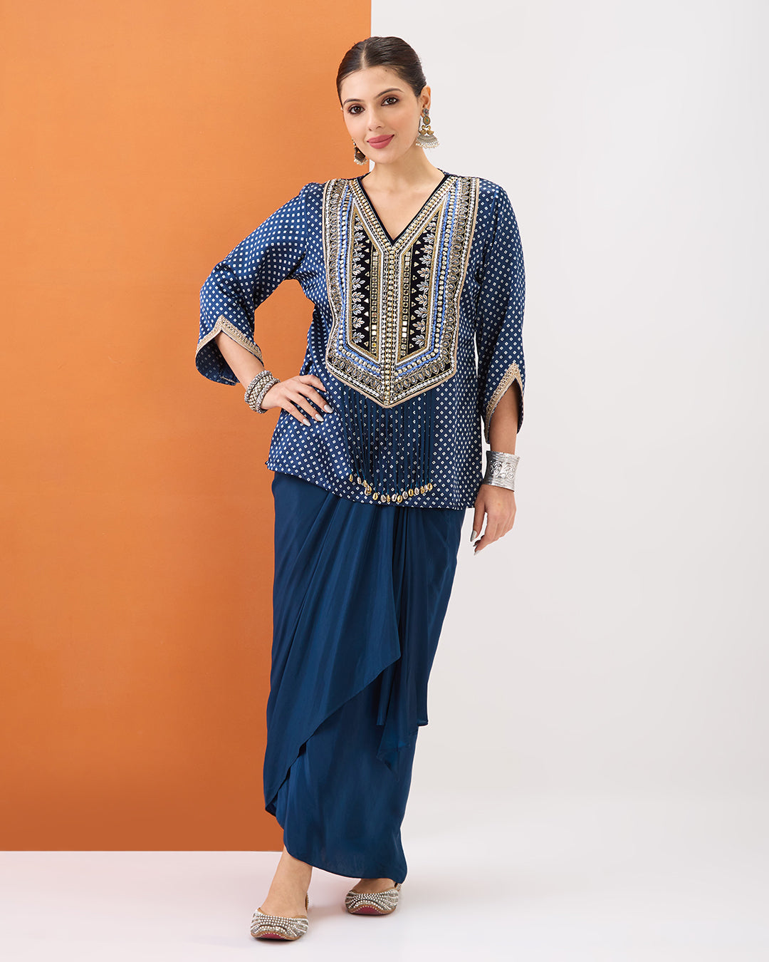Indigo Blue Bandhani Short Top & Draped Skirt Set