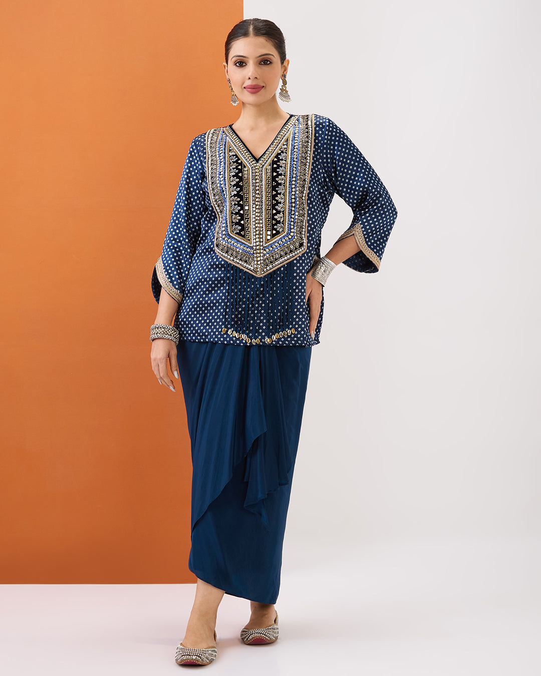 Indigo Blue Bandhani Short Top & Draped Skirt Set