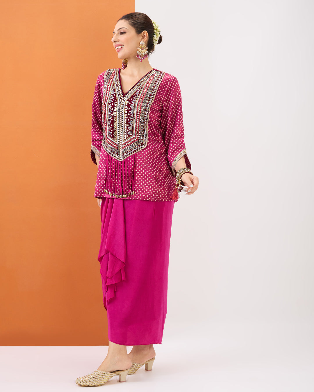 Magenta Pink Bandhani Short Top & Draped Skirt Set