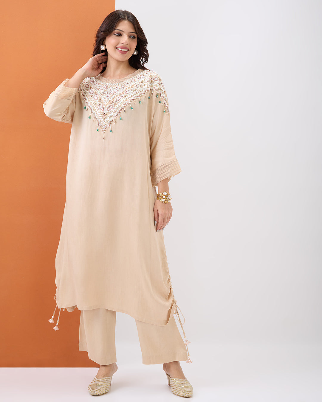 Beige Embroidered Co-ord Set