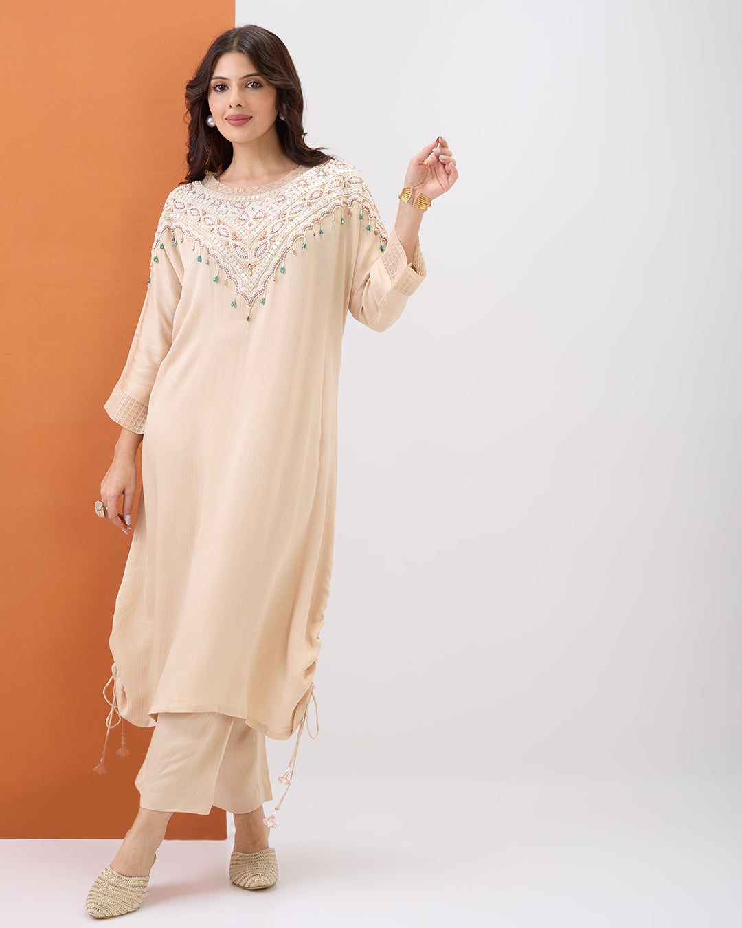 Beige Embroidered Co-ord Set