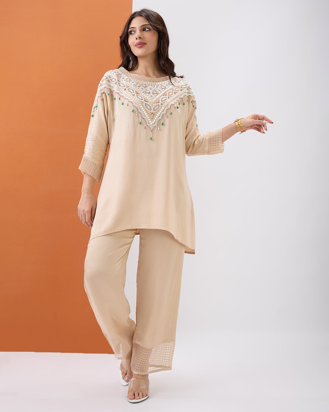 Beige Embroidered Co-ord Set