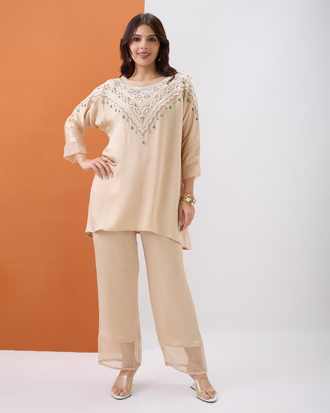 Beige Embroidered Co-ord Set