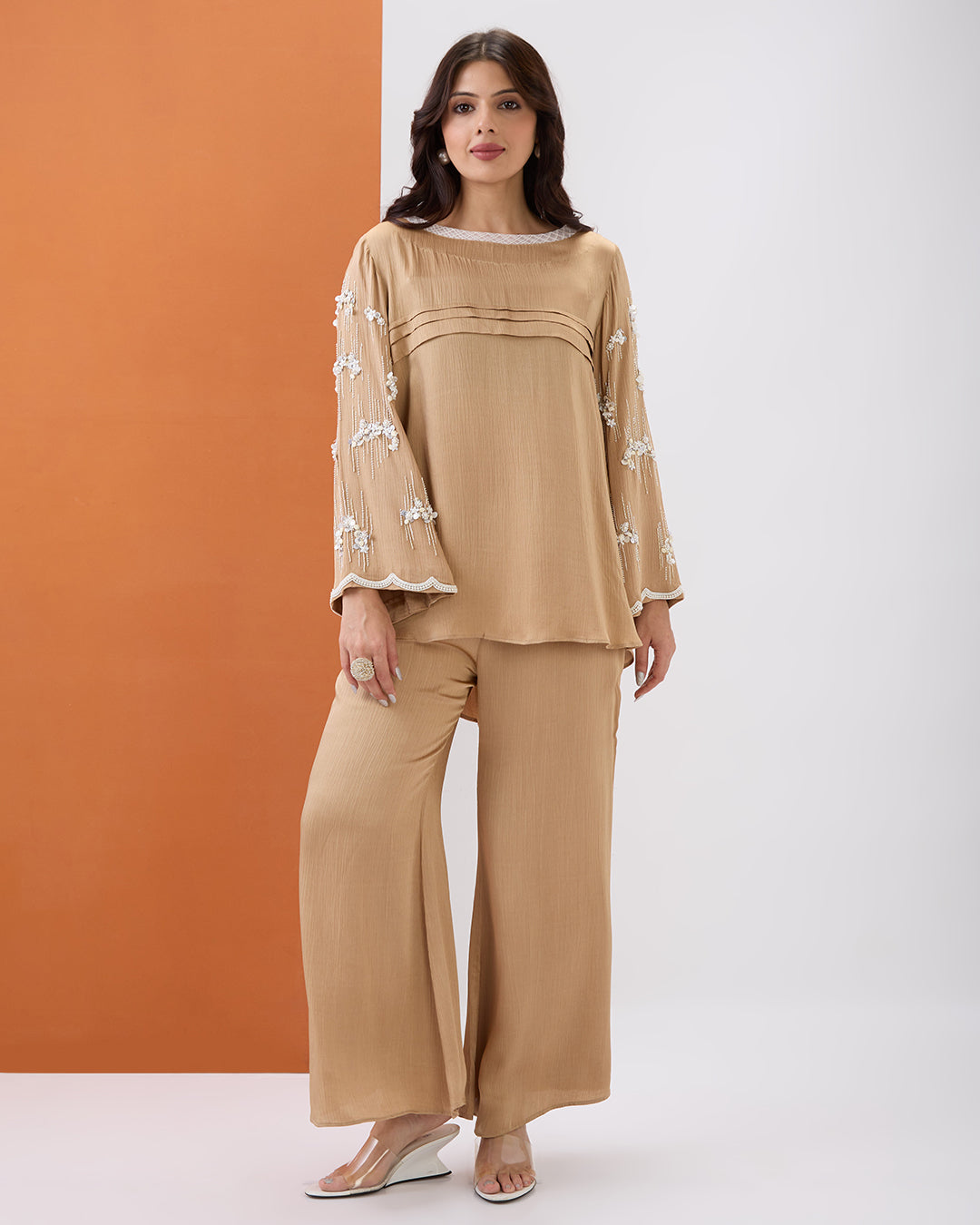 Beige Embroidered Pearl Co-ord Set