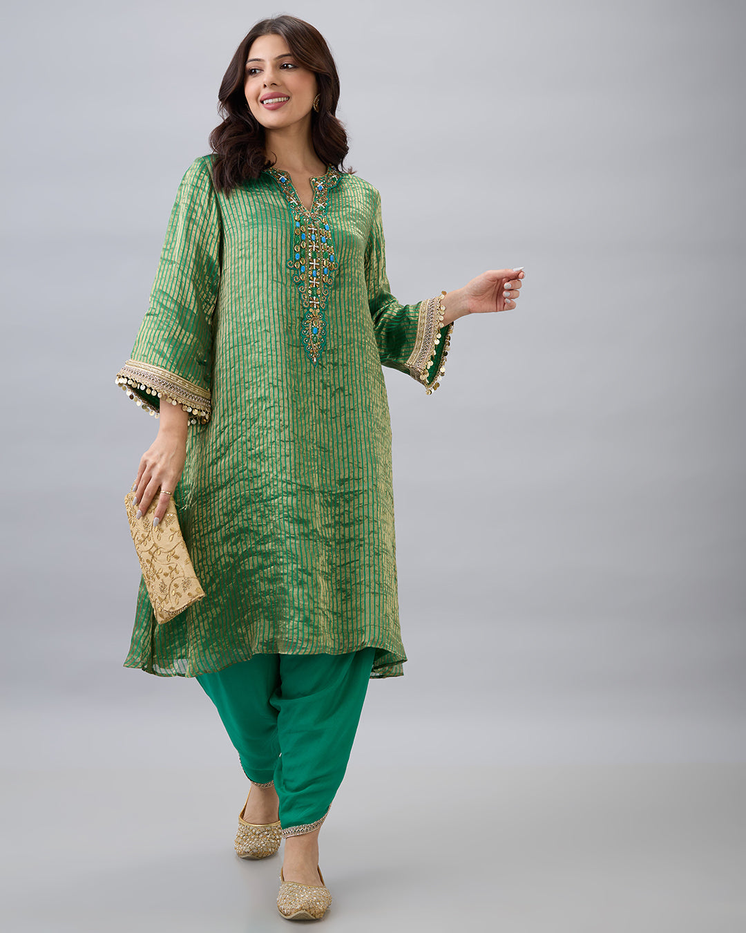 Green Tissue Kurta & Dhoti Pant Set