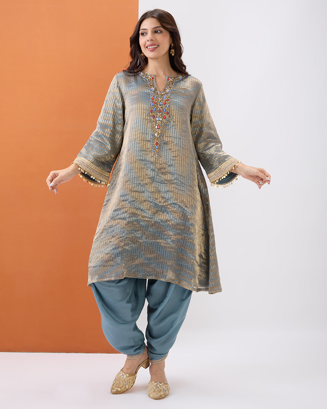 Grey Tissue Kurta & Dhoti Pant Set