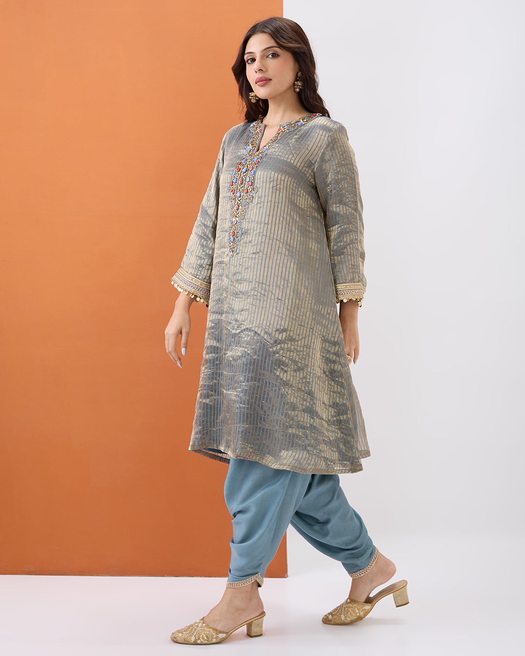 Grey Tissue Kurta & Dhoti Pant Set
