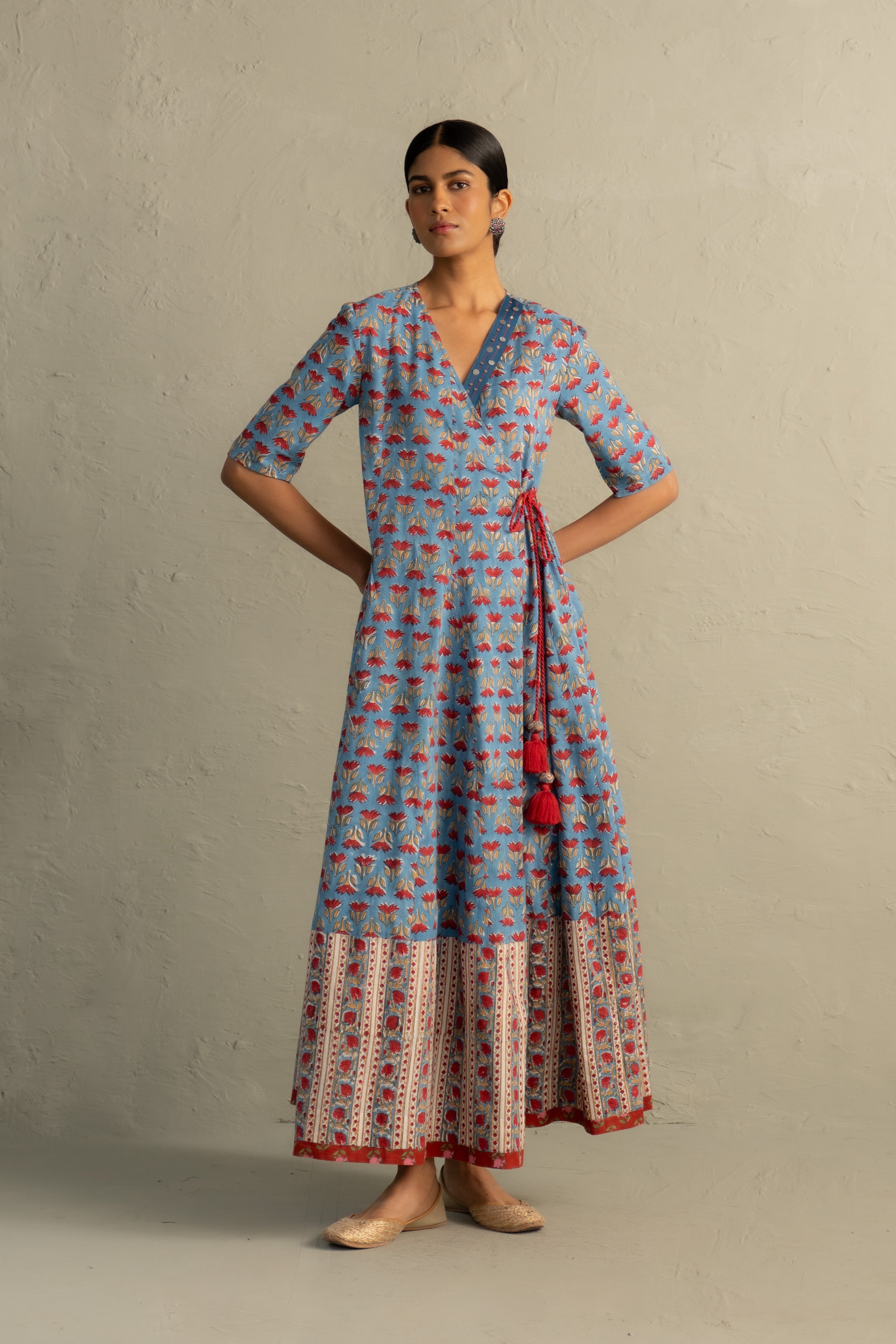 Blue Hand Block Wrap Around Dress