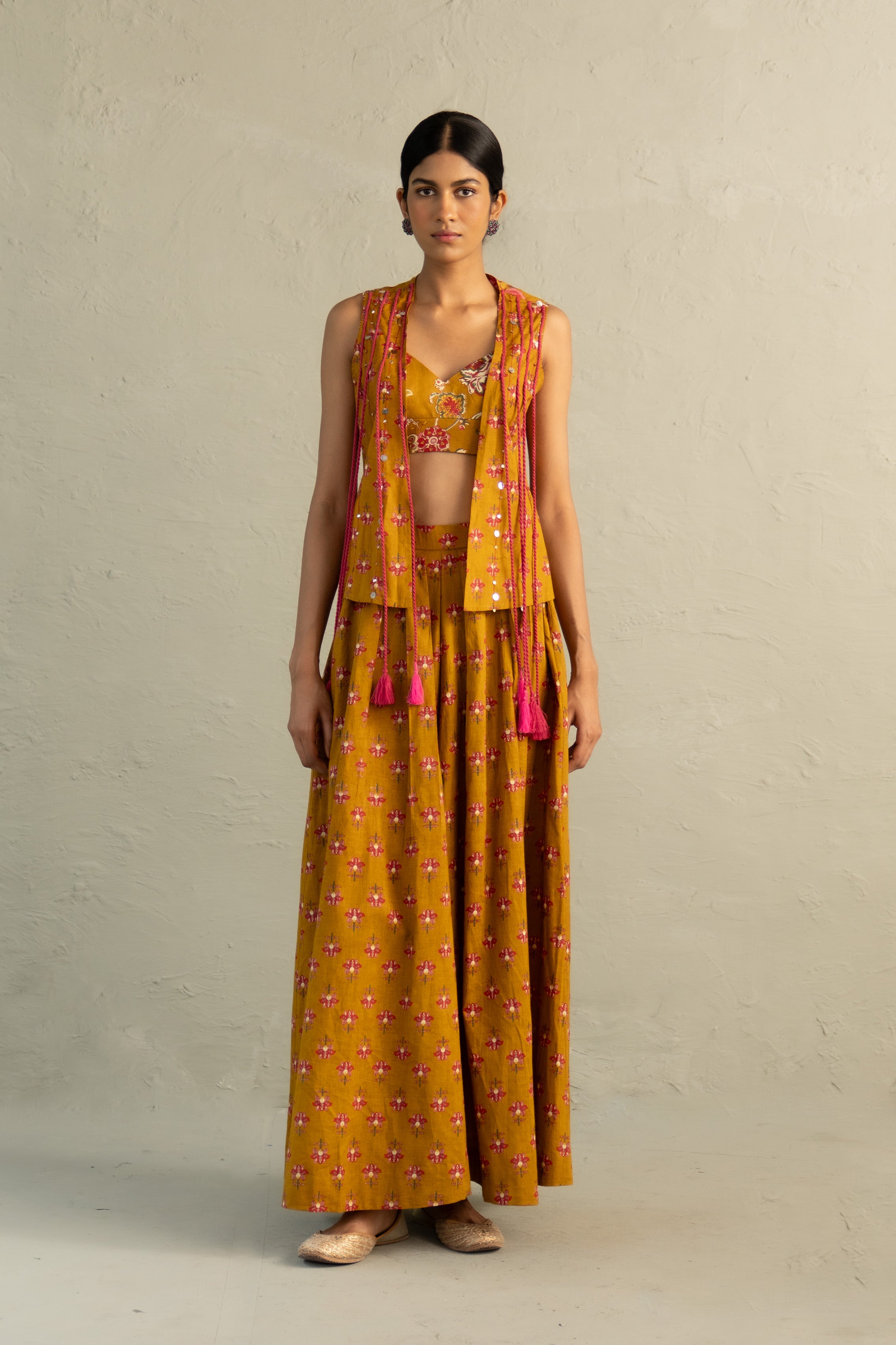 Mustard Phool Dori Co-ord Skirt Jacket Set