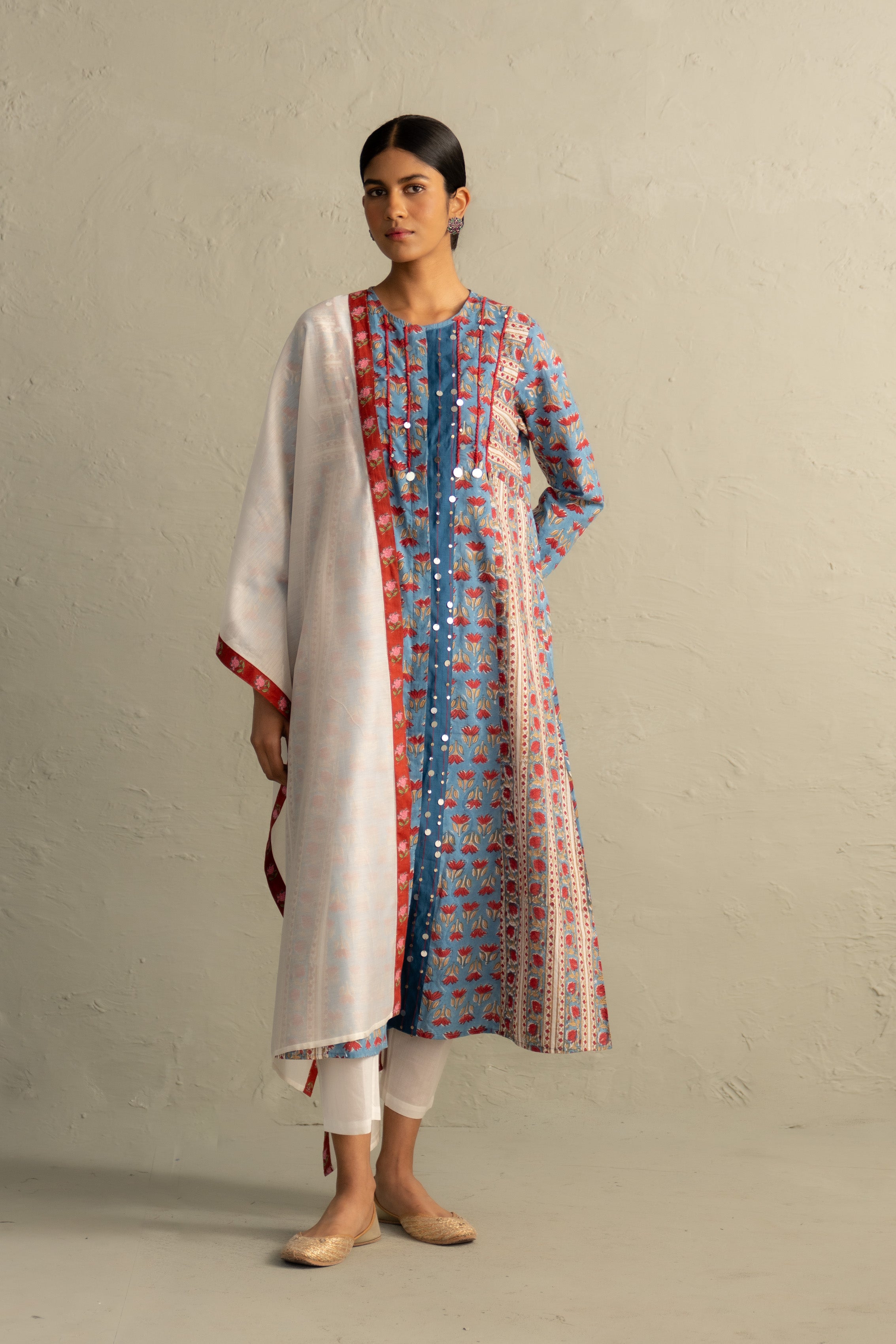 Blue Hand Block Placket Kurta Set