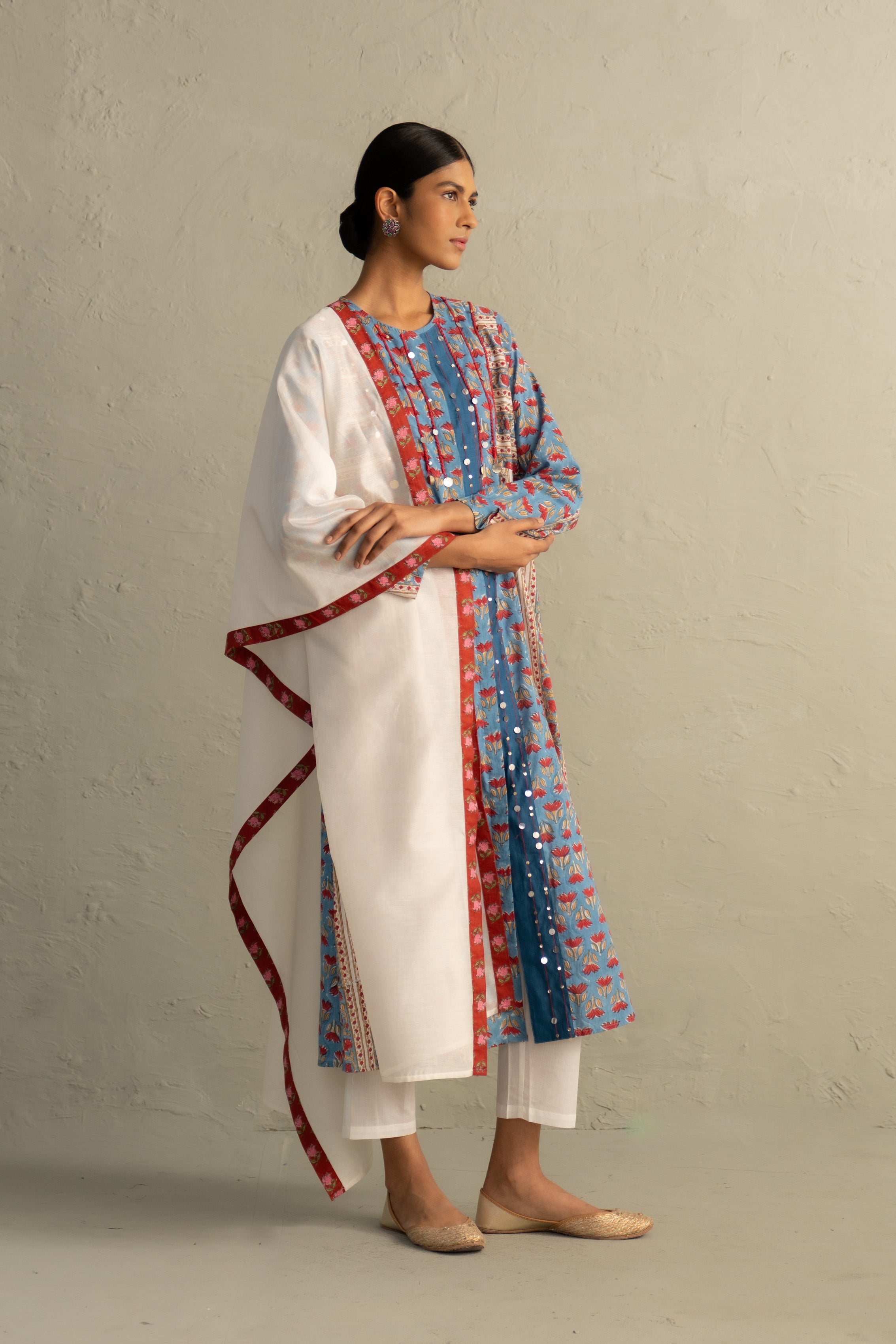Blue Hand Block Placket Kurta Set