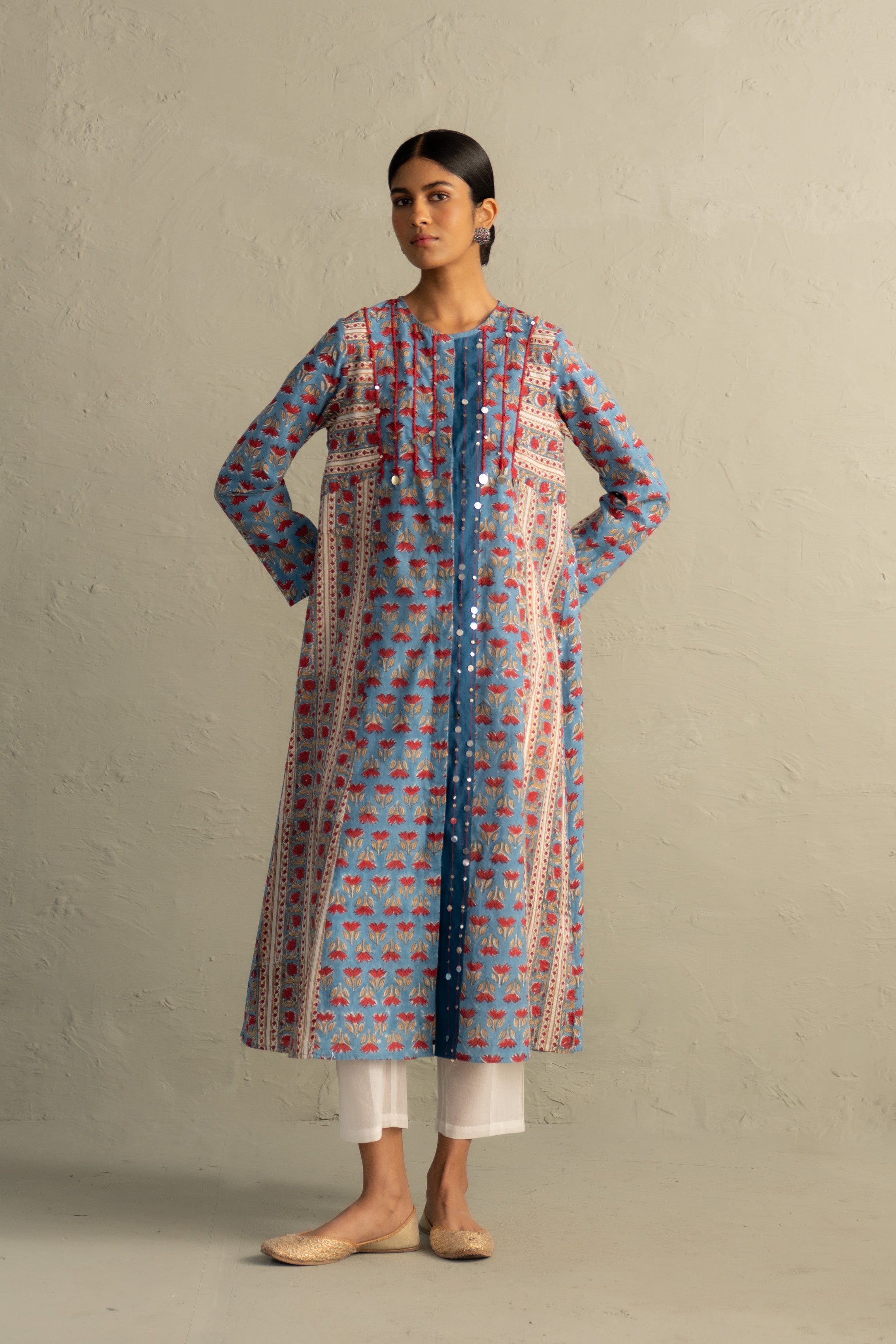 Blue Hand Block Placket Kurta Set