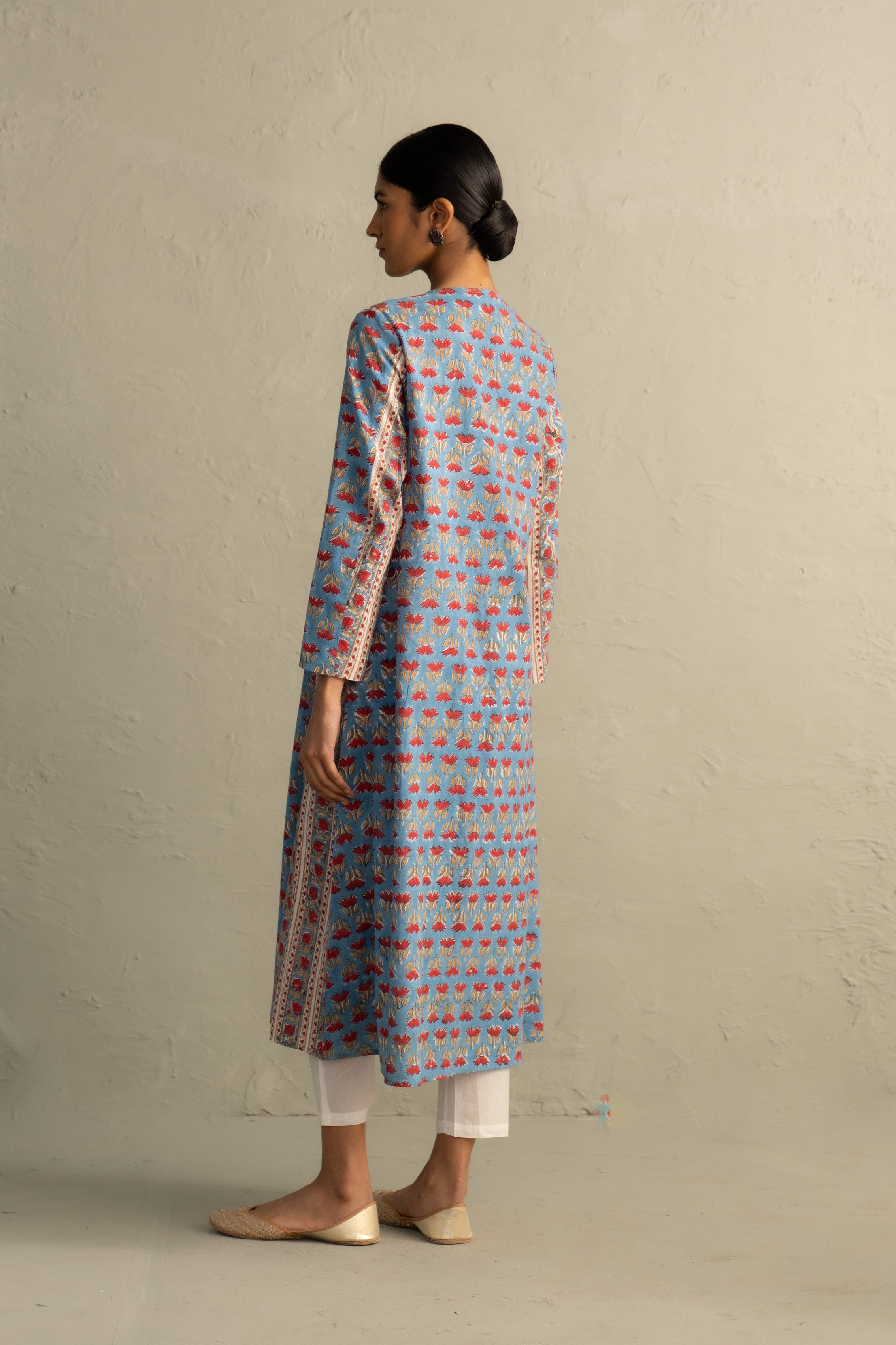 Blue Hand Block Placket Kurta Set