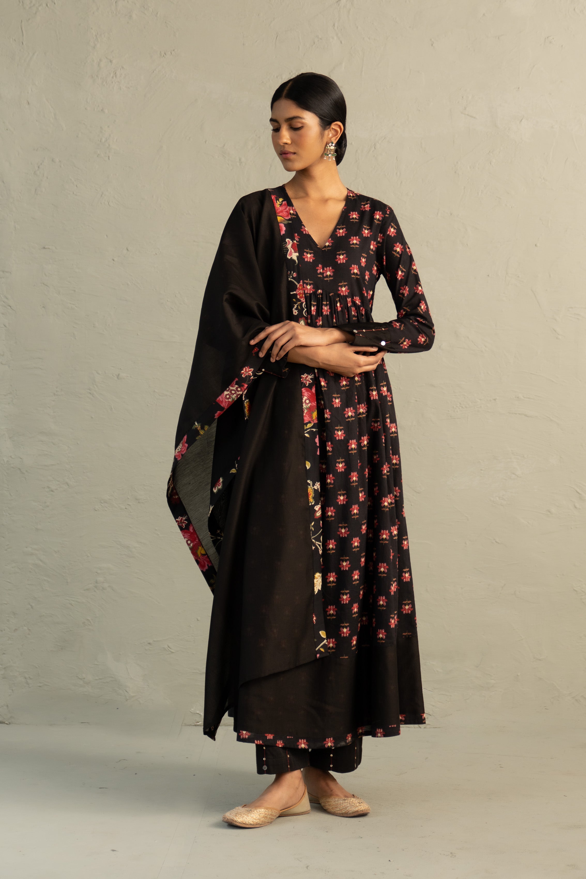 Black Phool Dori Anarkali Set