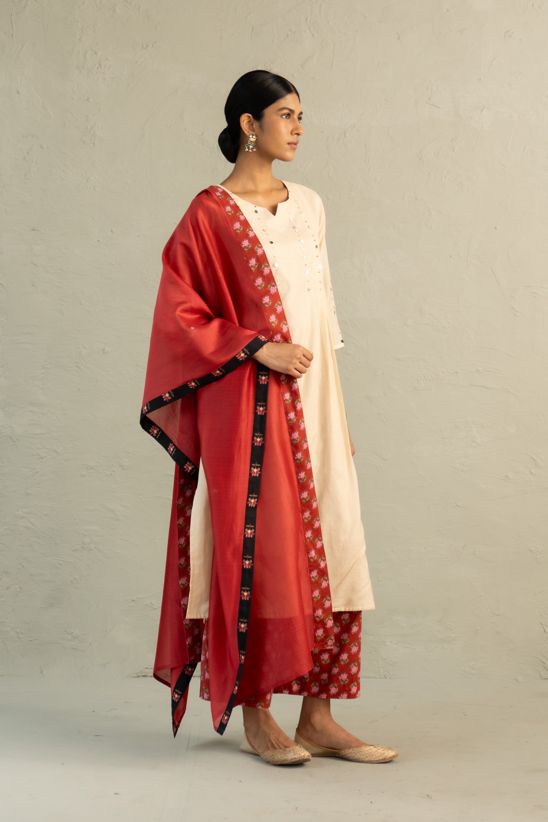 Beige Phool Dori Pleated Kurta Set