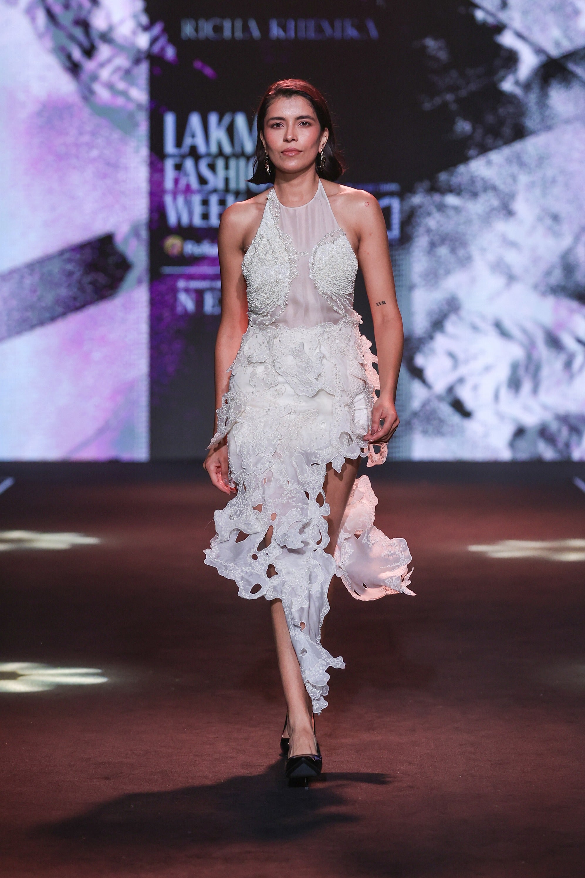 Organza Embroidered & 3D Corals Halter Dress