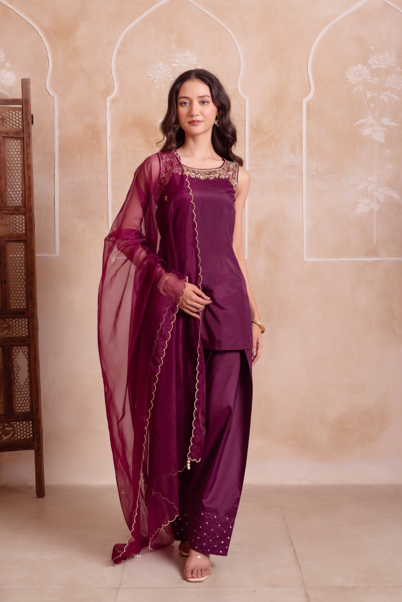 Purple Farshi Salwar Handwork Dupatta Set