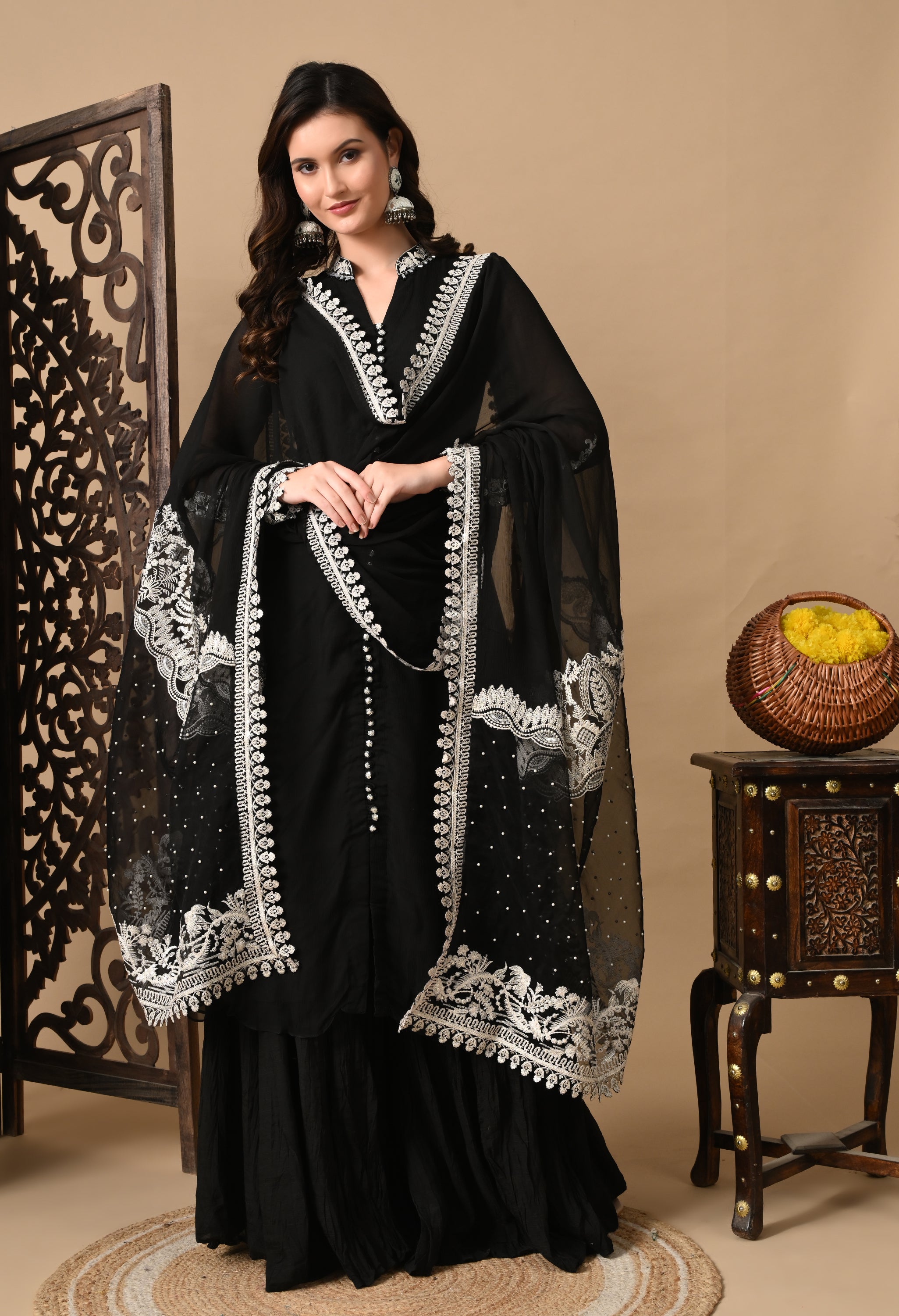 Black Thread & Pearl Work Sharara Set
