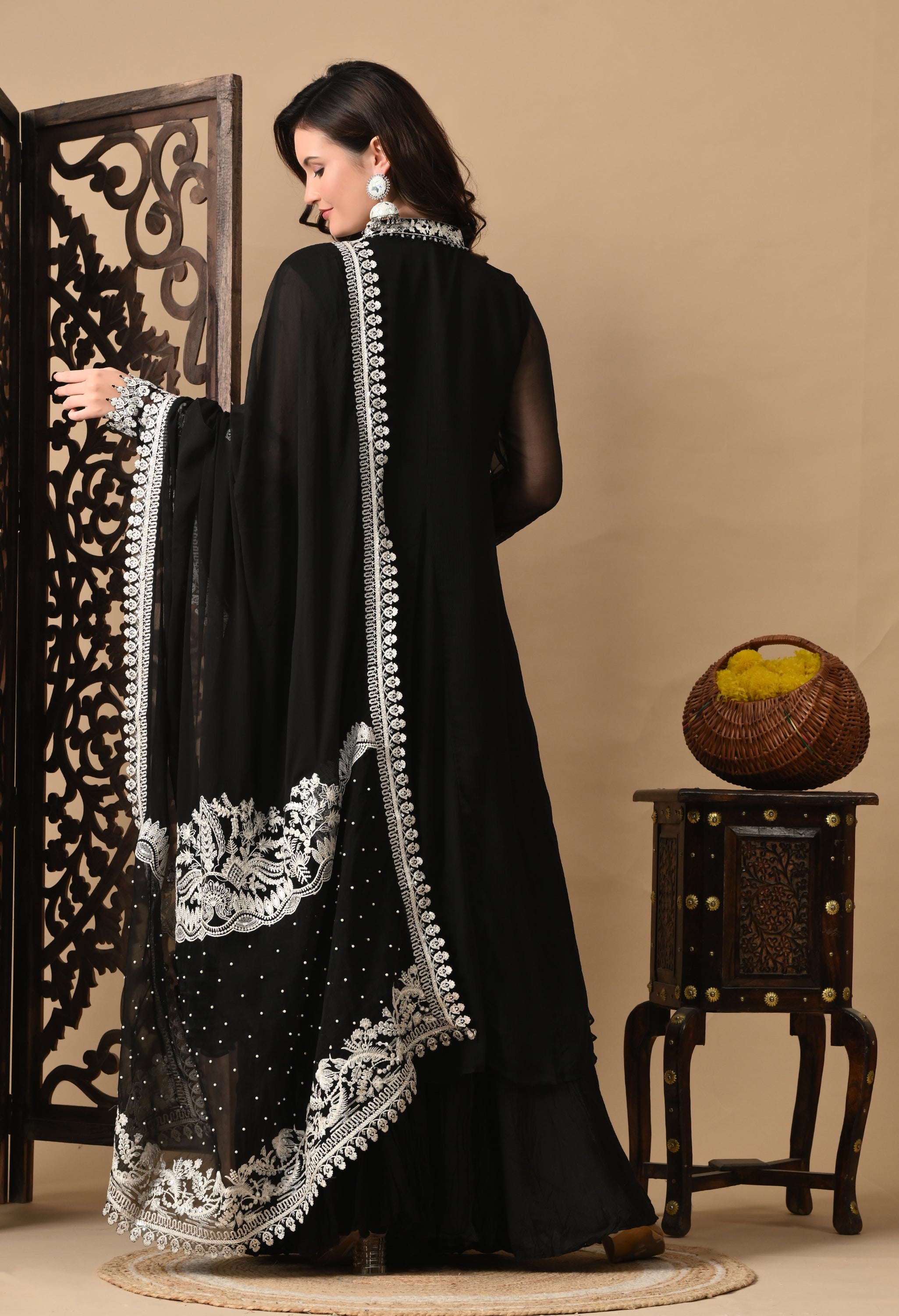 Black Thread & Pearl Work Sharara Set