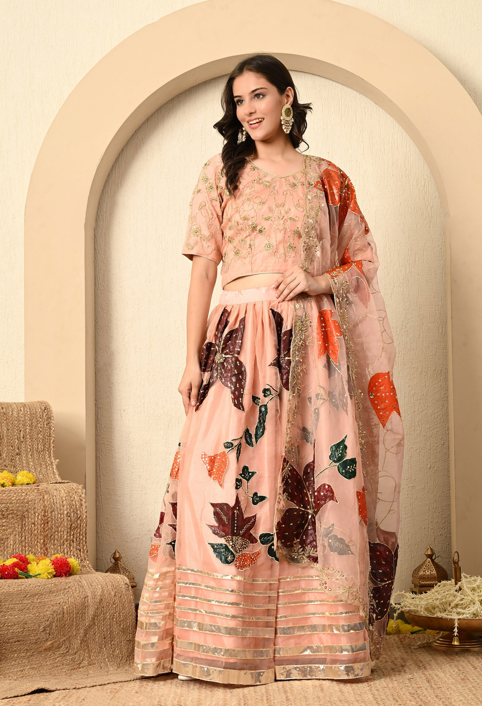 Dark Peach Hand-Painted Lehenga Set