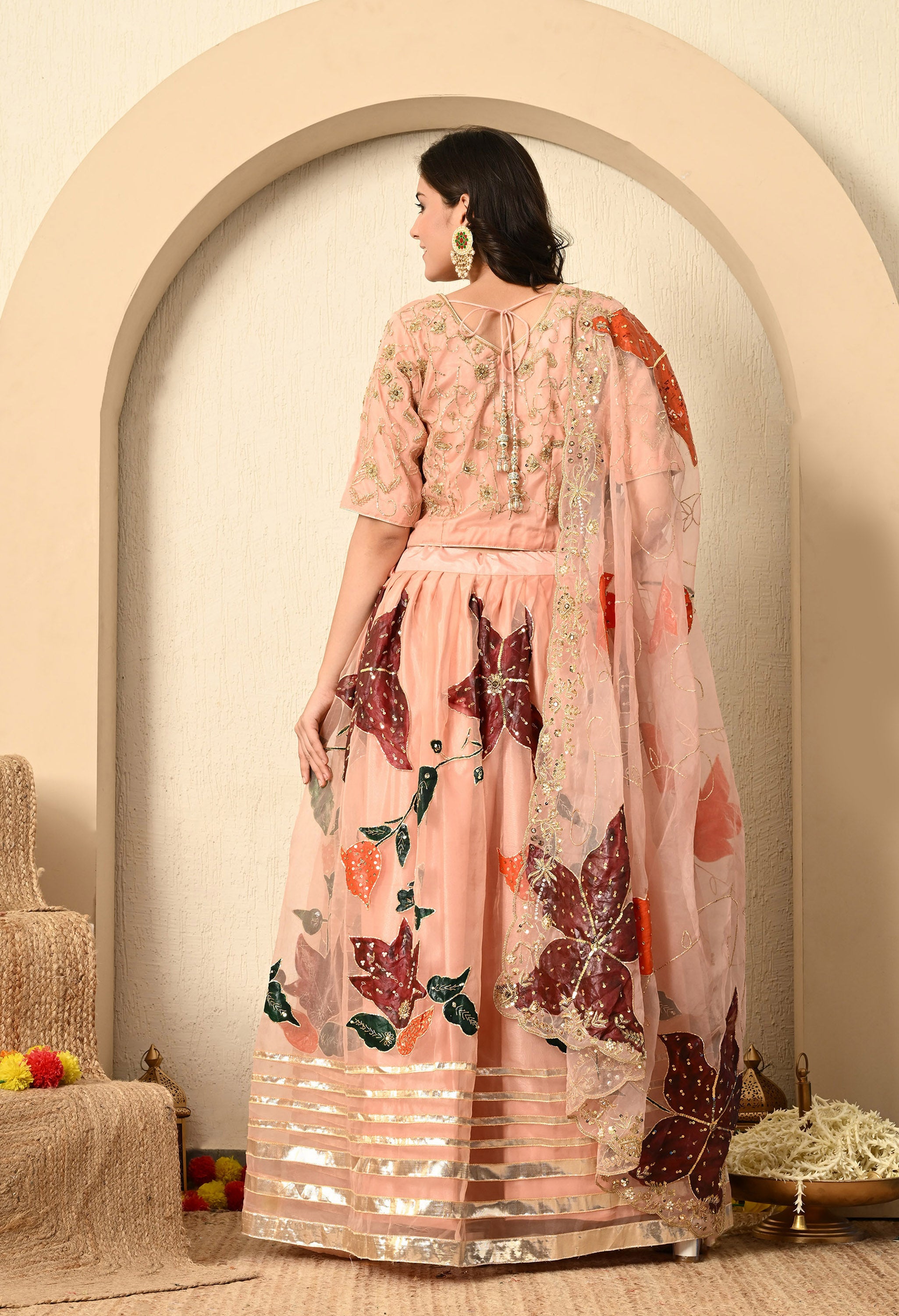 Dark Peach Hand-Painted Lehenga Set