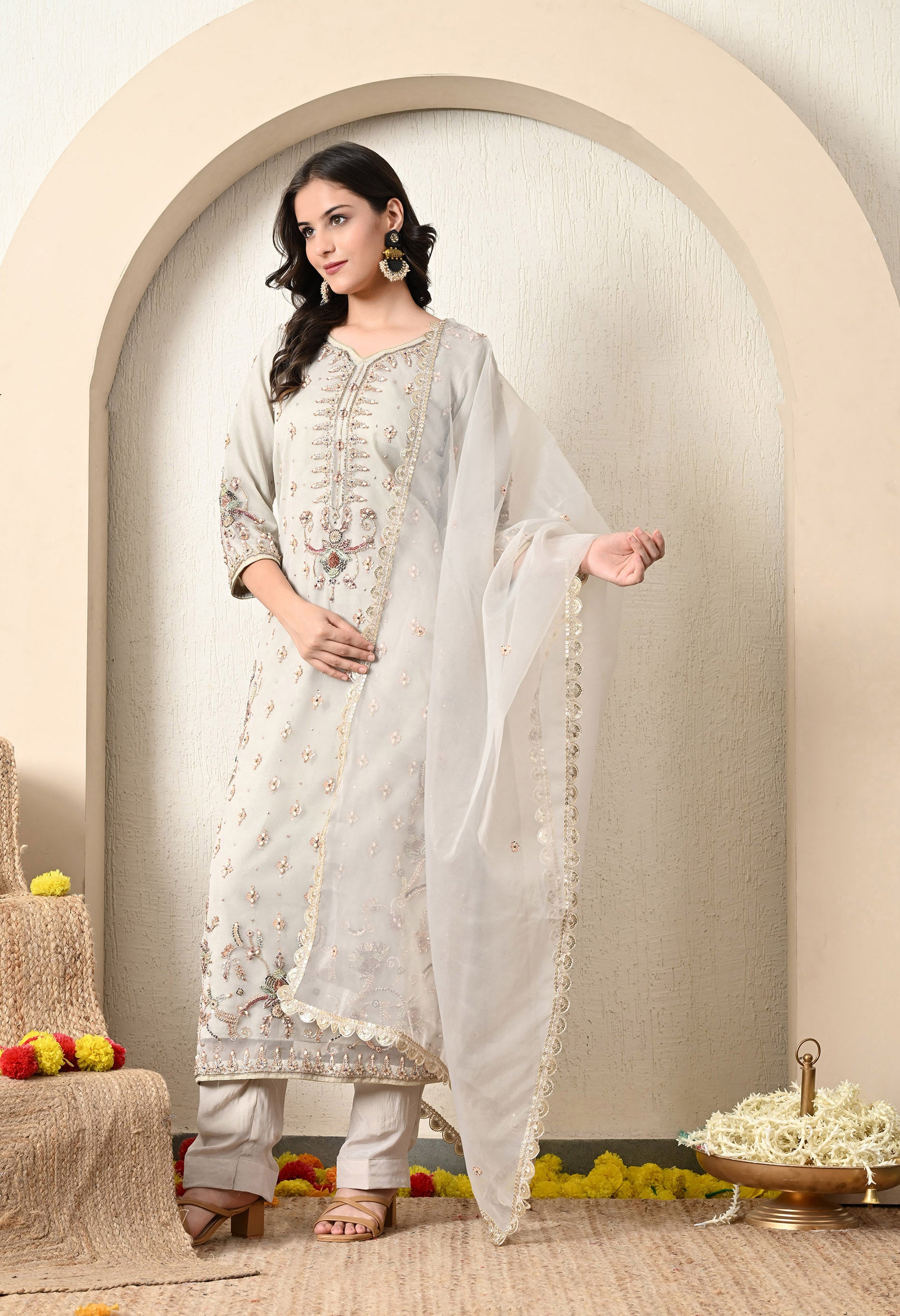 Light Grey Zardozi Work Kurta Set