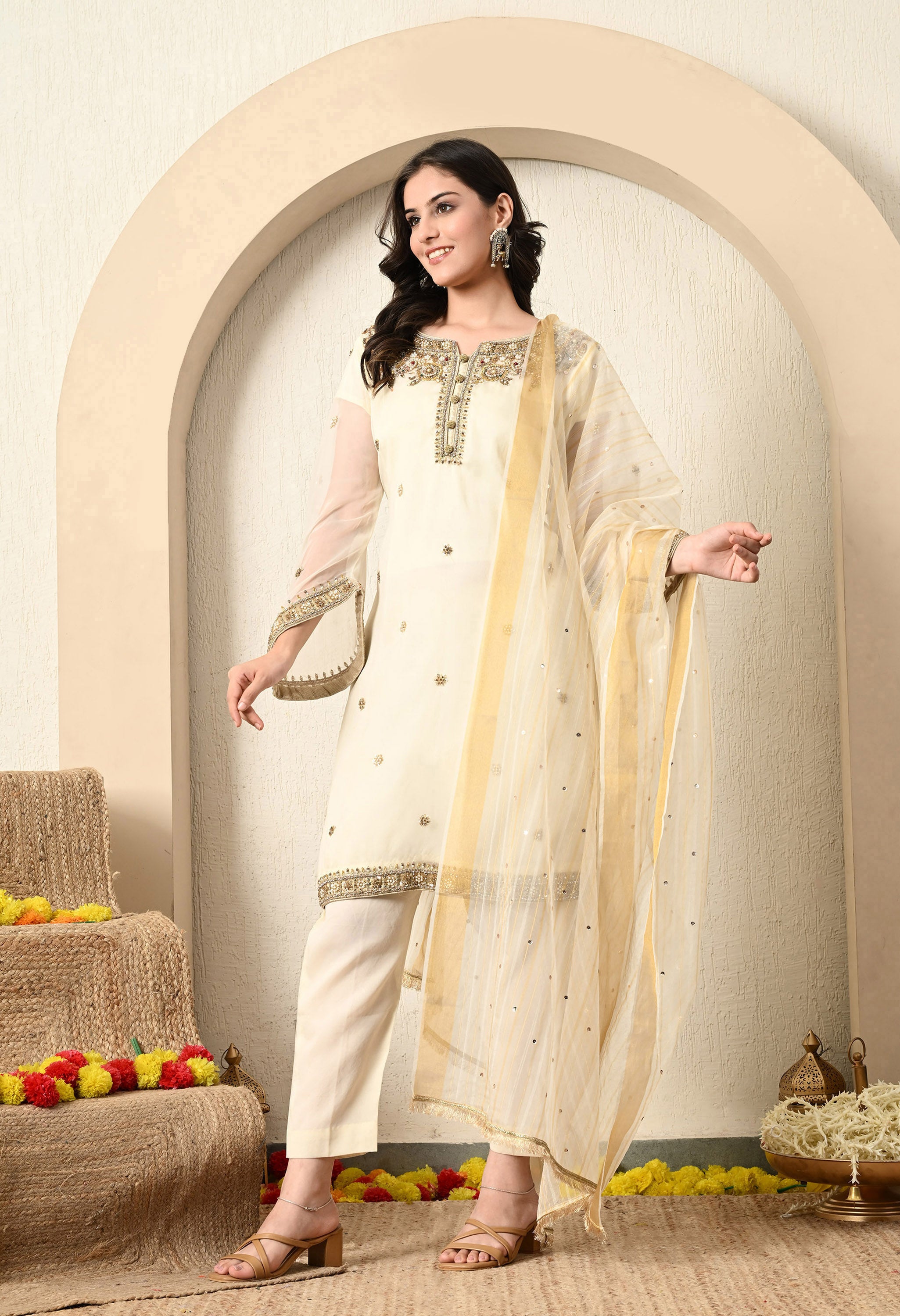 Cream Zardozi & Pearl Work Kurta Set