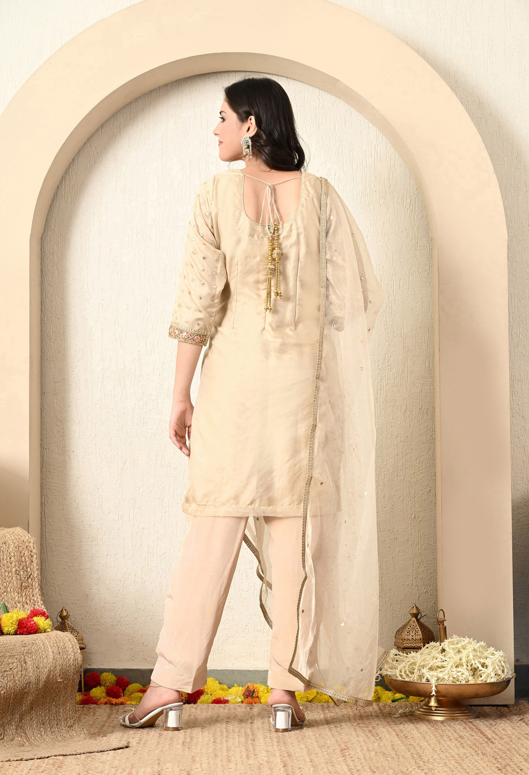Golden Cream Gotta & Zardozi Work Kurta Set