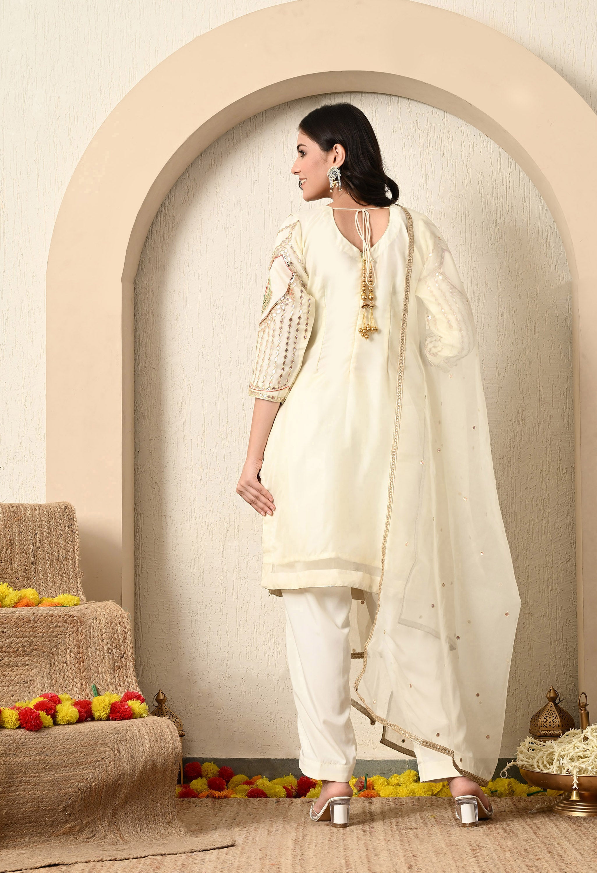 Golden Cream Zardozi & Sequence Work Kurta Set