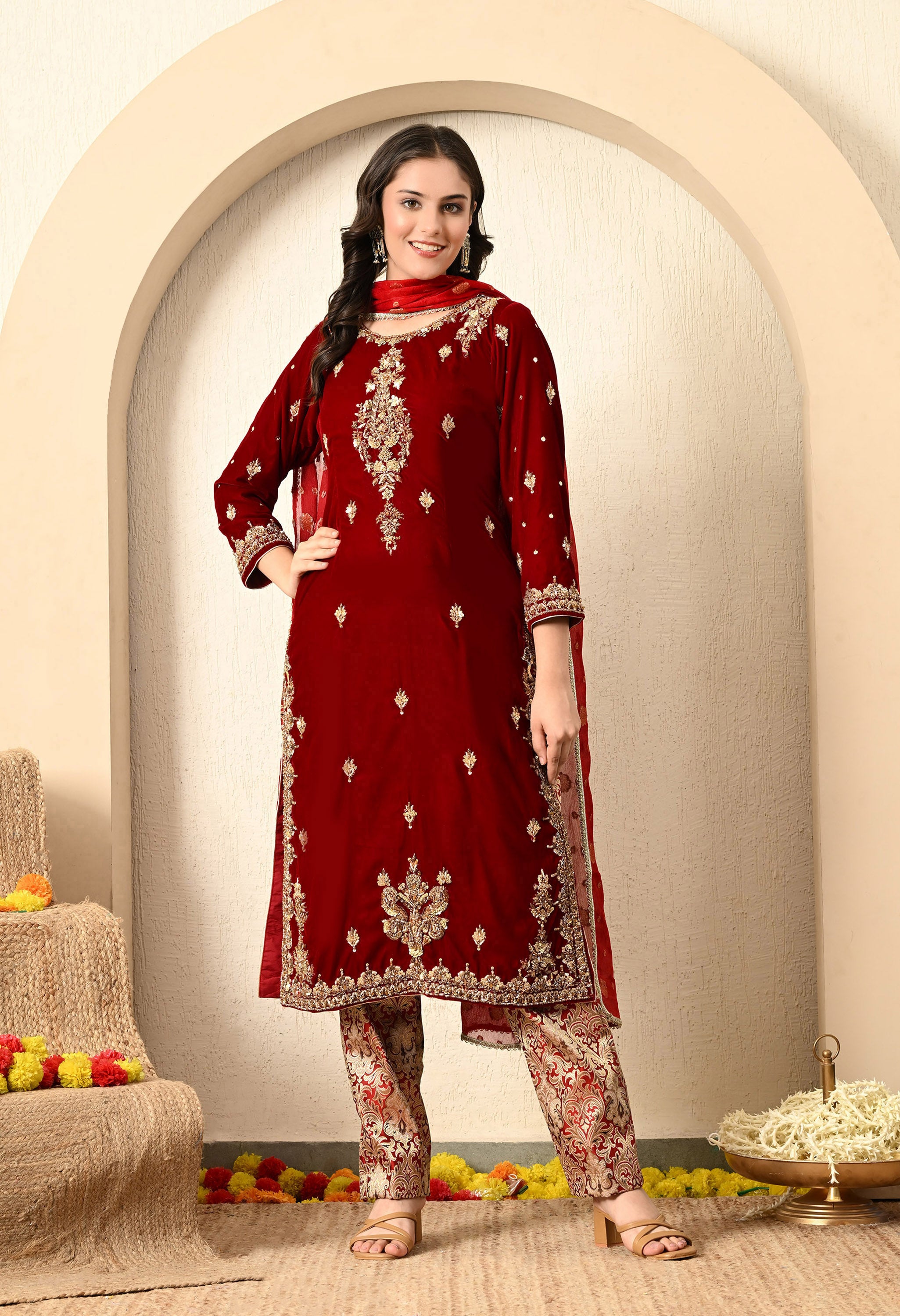 Maroon Red Zardozi Work Kurta Set