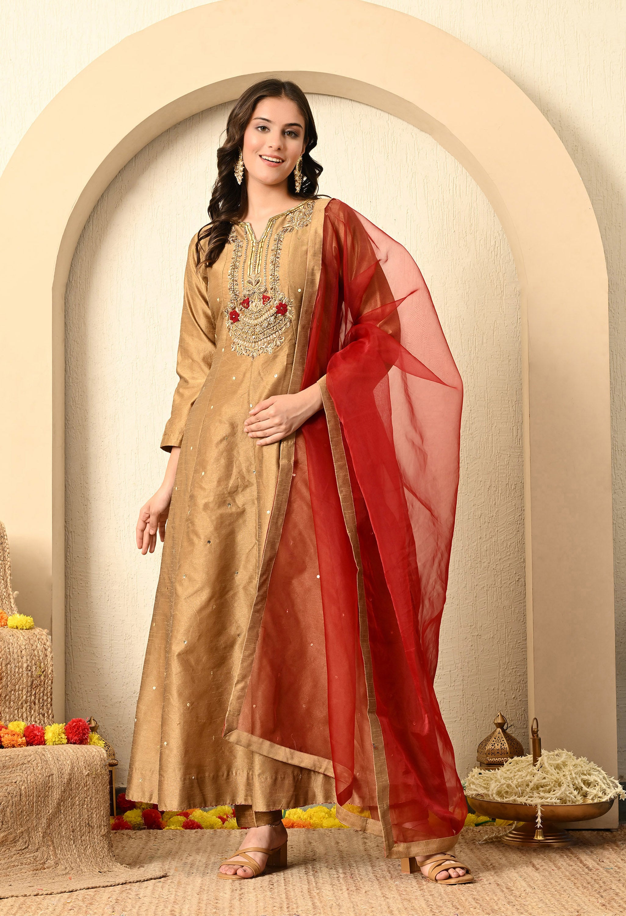 Golden Brown Zardozi Work Anarkali Set