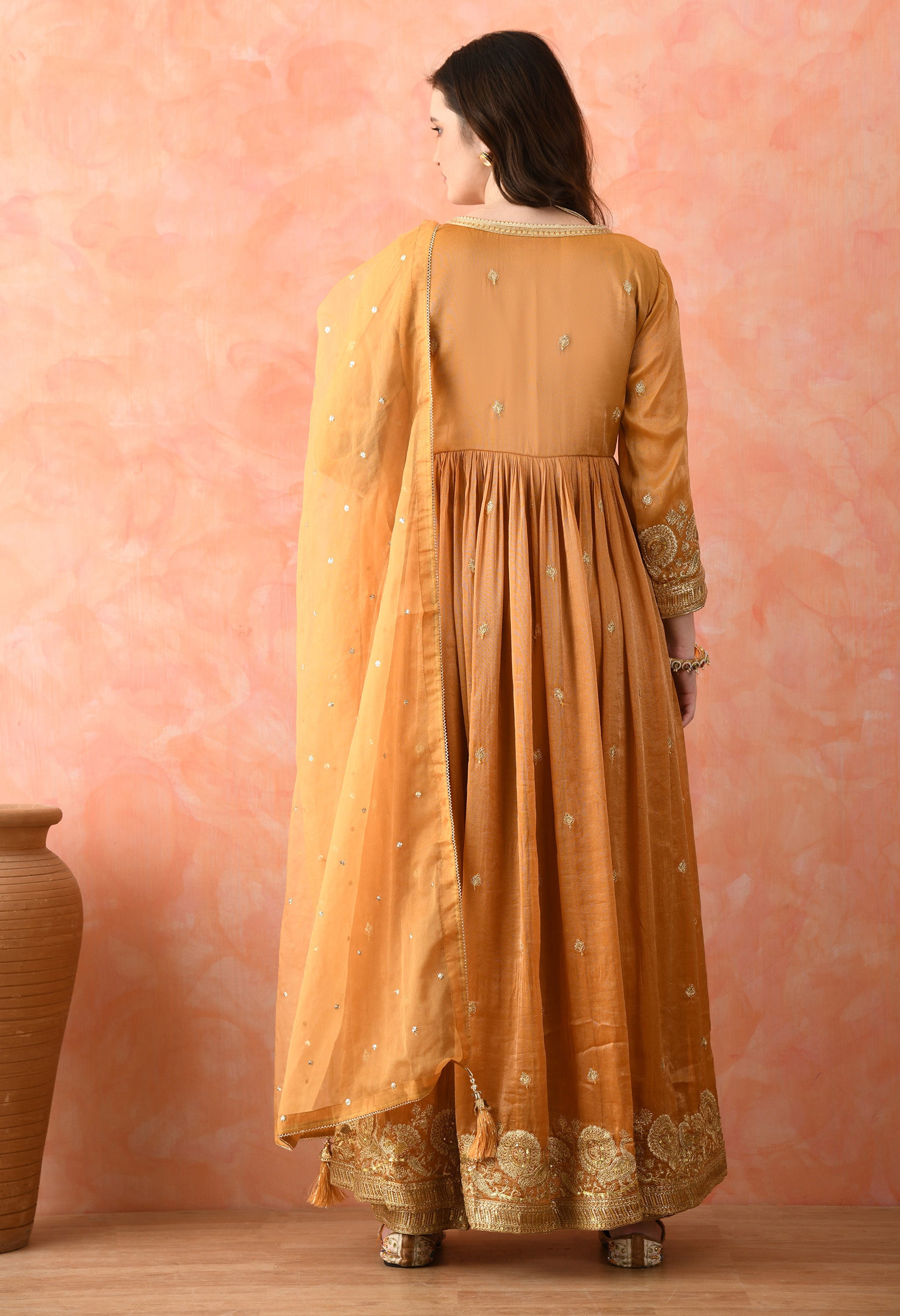 Brown Zardozi Work Tissue Silk Anarkali Set