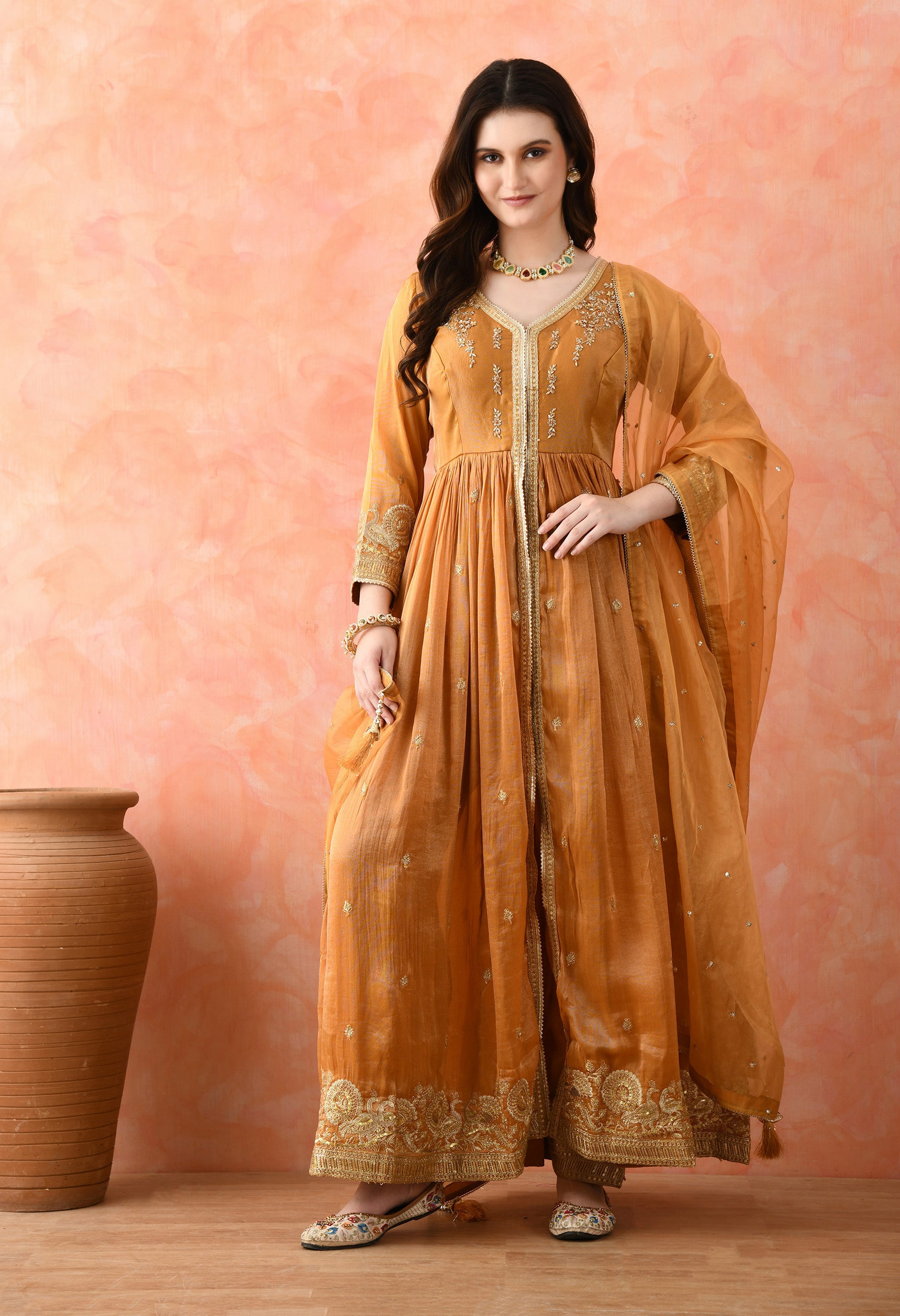 Brown Zardozi Work Tissue Silk Anarkali Set