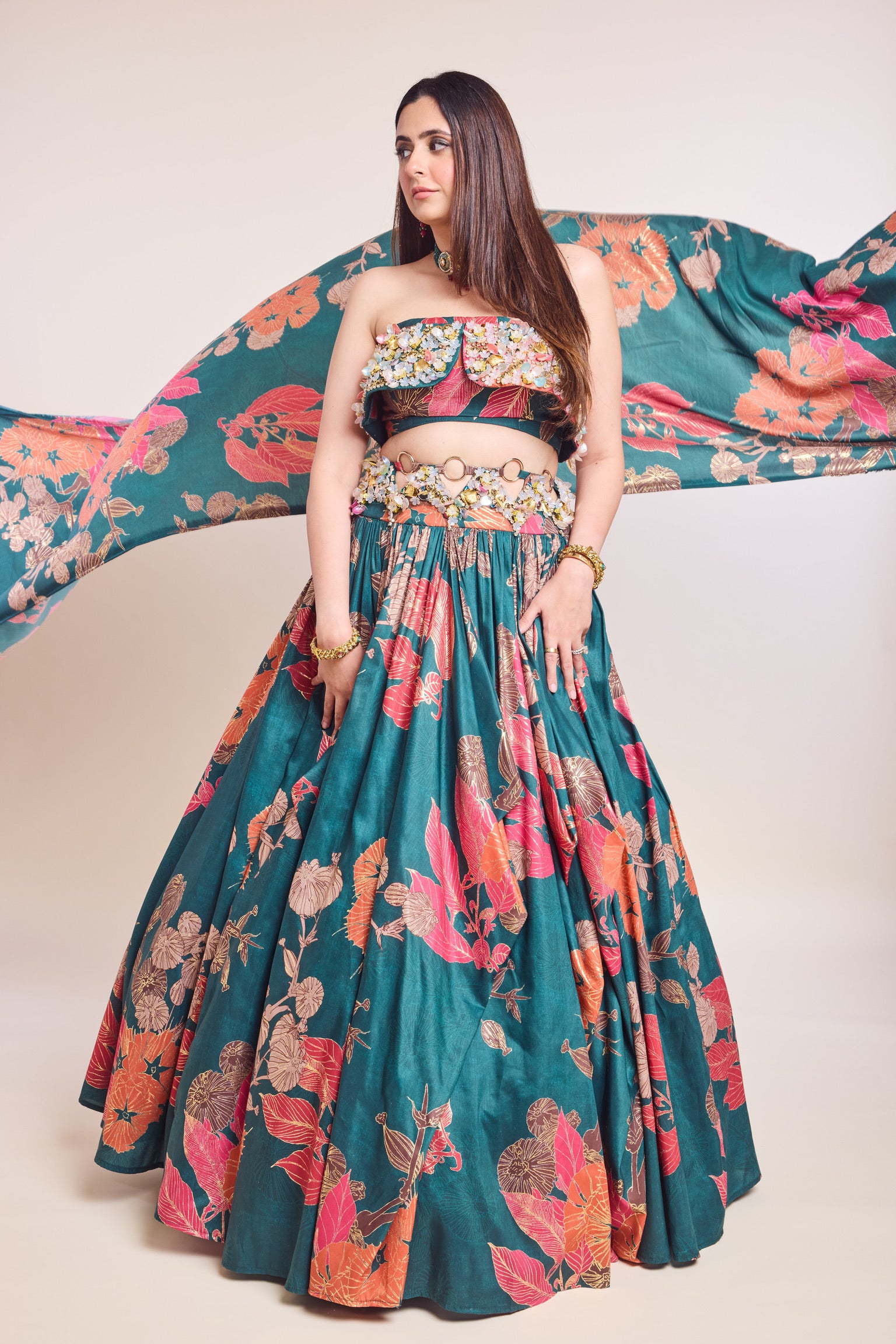 Layered Blouse with Cowl Lehenga